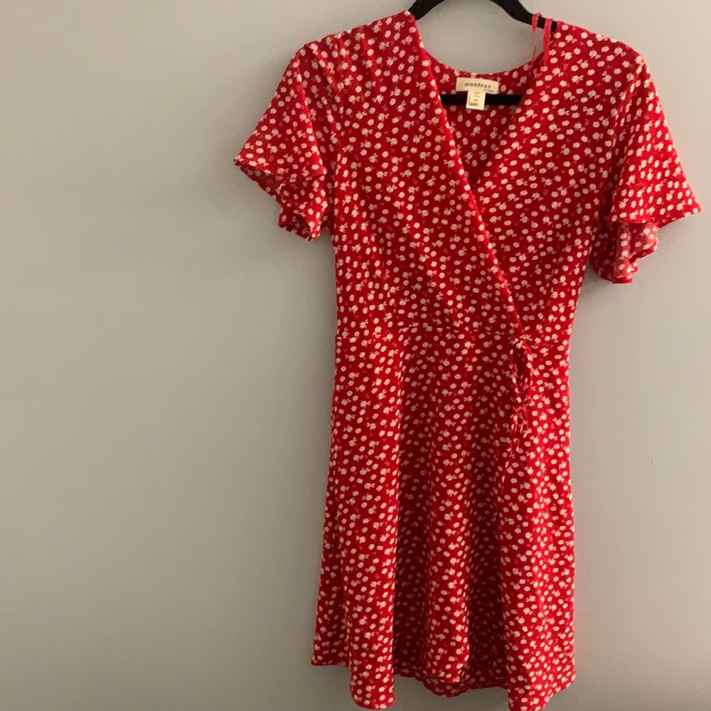 red floral wrap dress